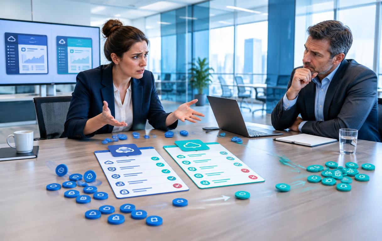 Illustration of a salesperson struggling to explain differentiation between rival software offerings