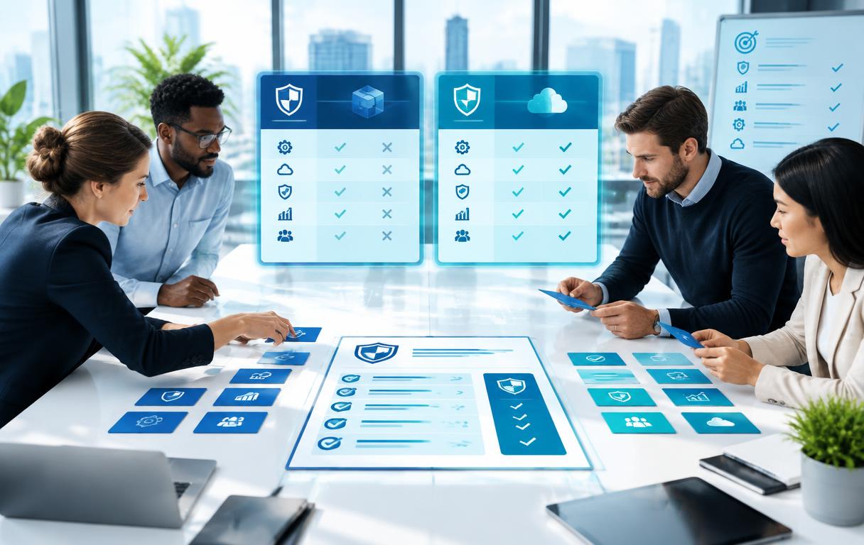 Illustration of a team distilling competitive evidence into comparison cards