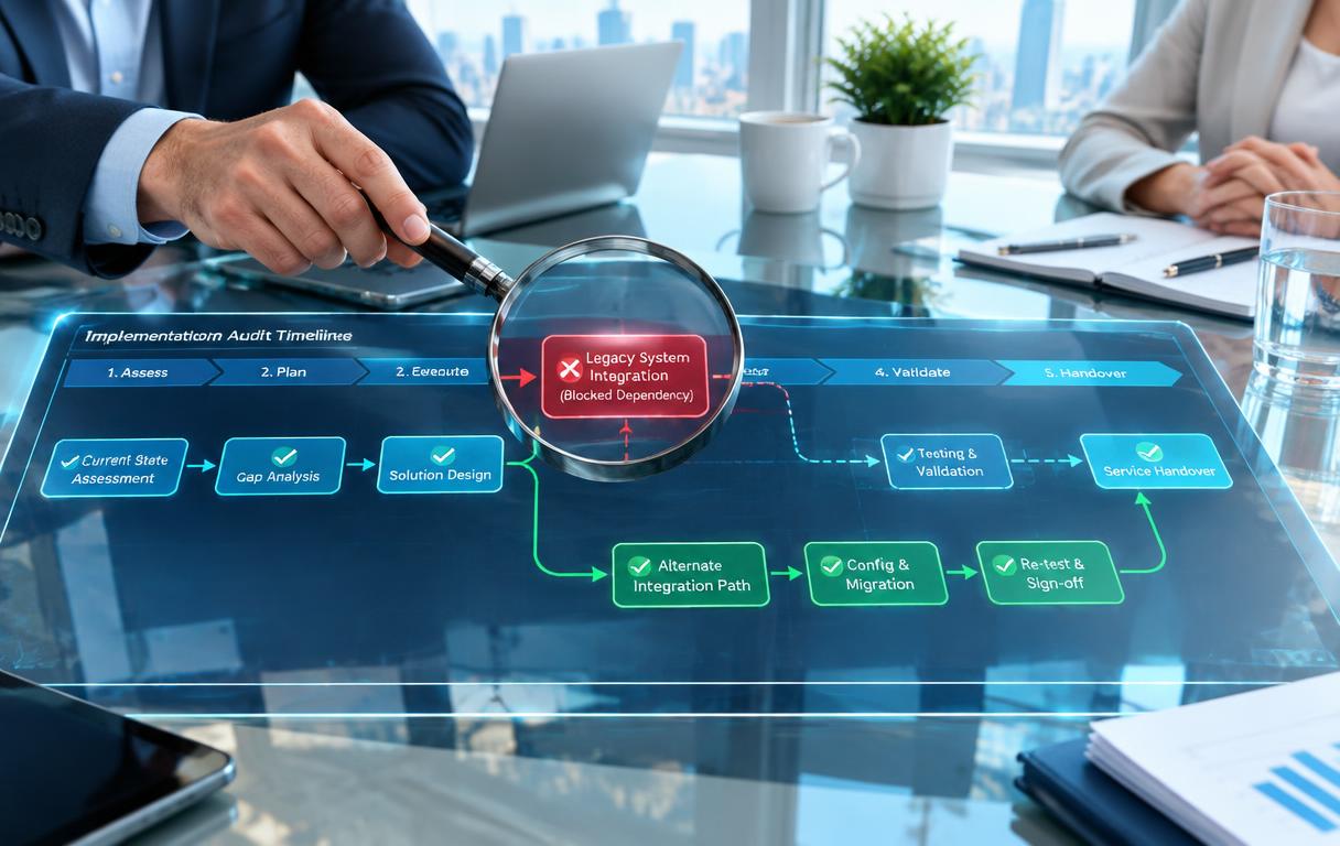 Illustration of an implementation audit exposing a blocked dependency and a clear alternative path