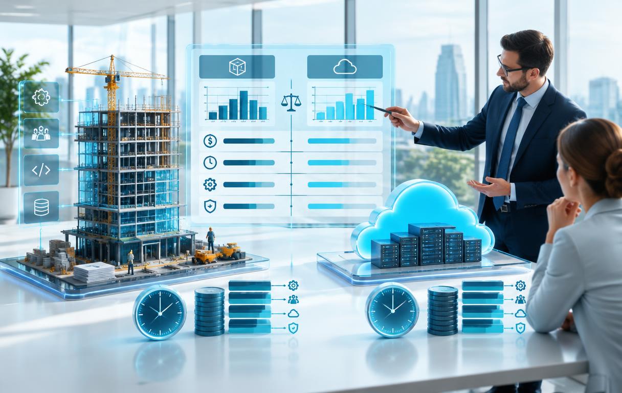 Illustration comparing internal software construction and maintenance with a ready-to-use service