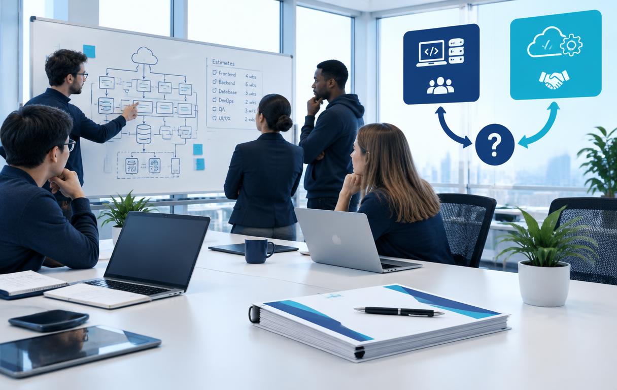 Illustration of a customer considering internal software development instead of purchasing a service