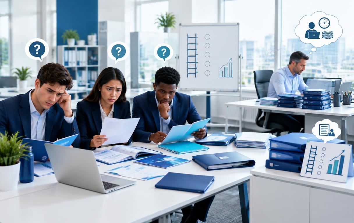 Illustration of newcomers needing guidance while a senior colleague balances a busy workload