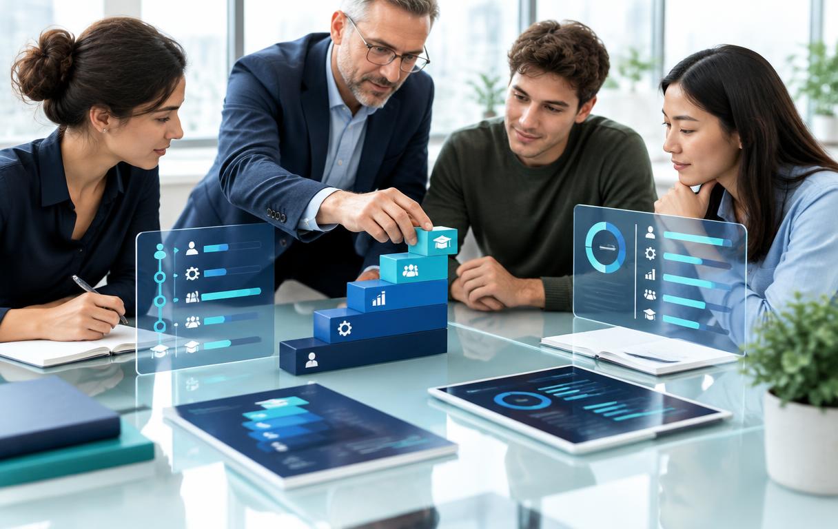 Illustration of a mentor guiding colleagues through an onboarding and skills progression
