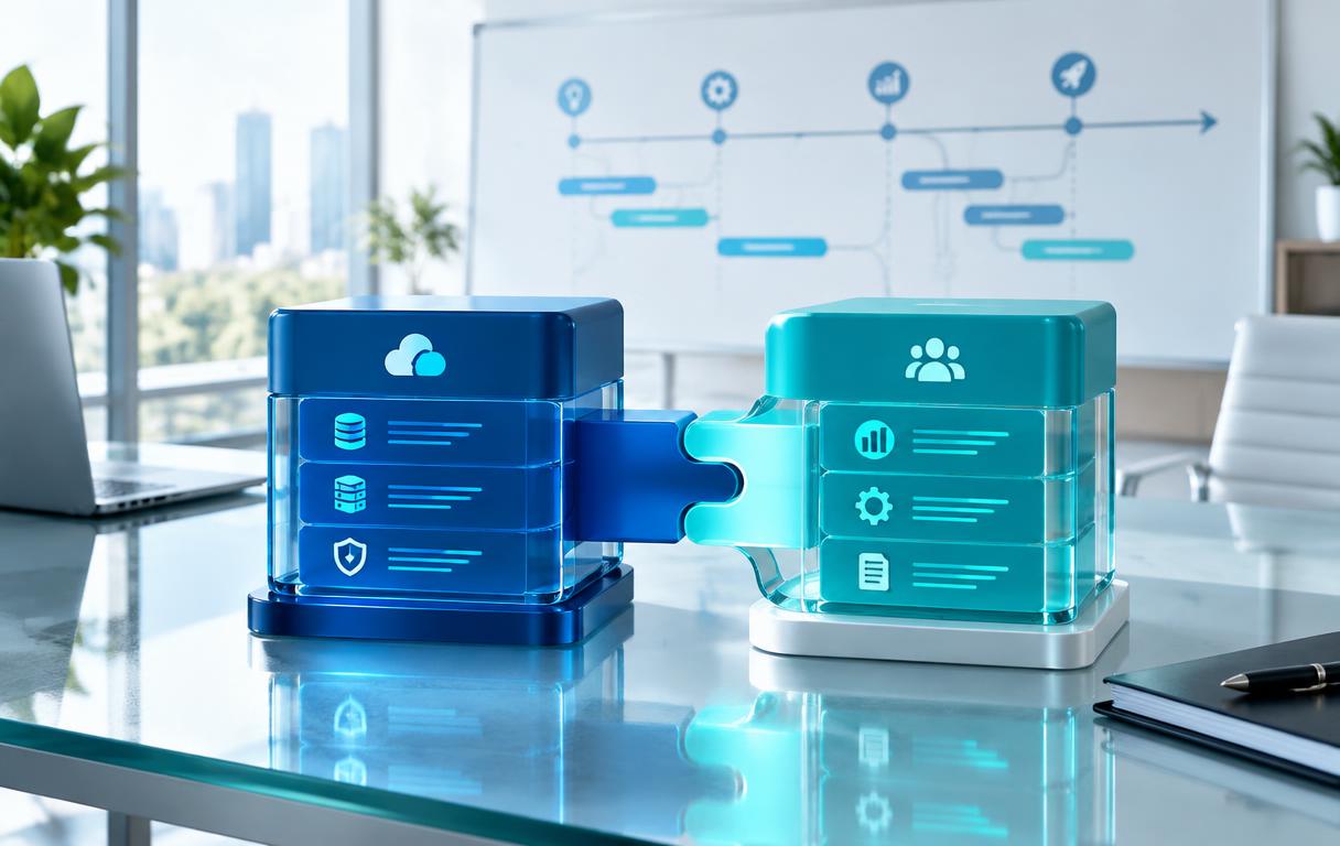 Illustration of complementary software modules connecting without disrupting the product roadmap