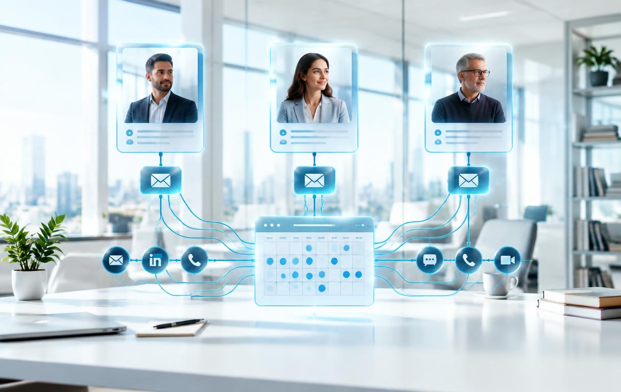 Illustration of personalised buyer outreach connecting multiple stakeholders to a meeting calendar