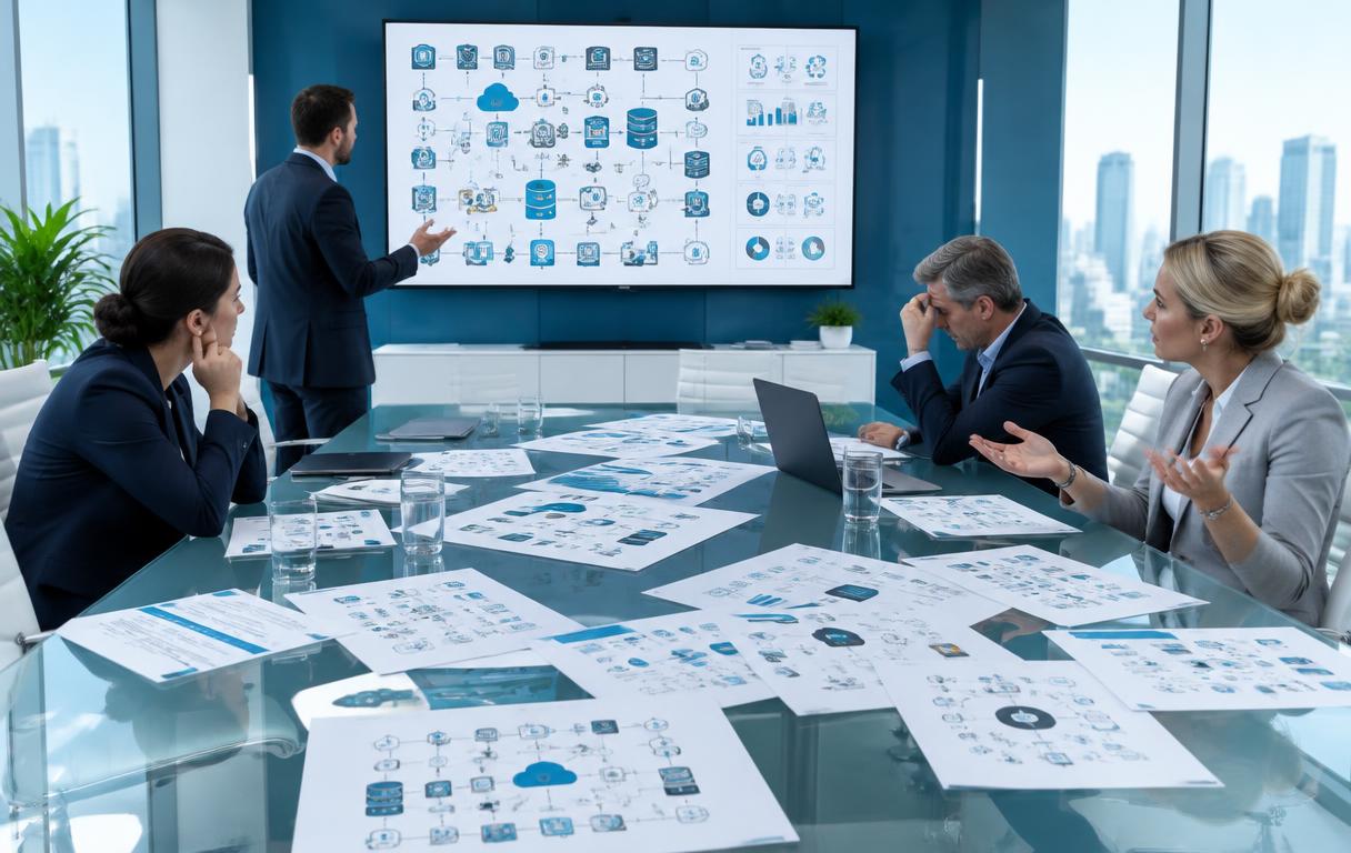 Illustration of a cluttered feature-heavy presentation that customers cannot use to explain value internally