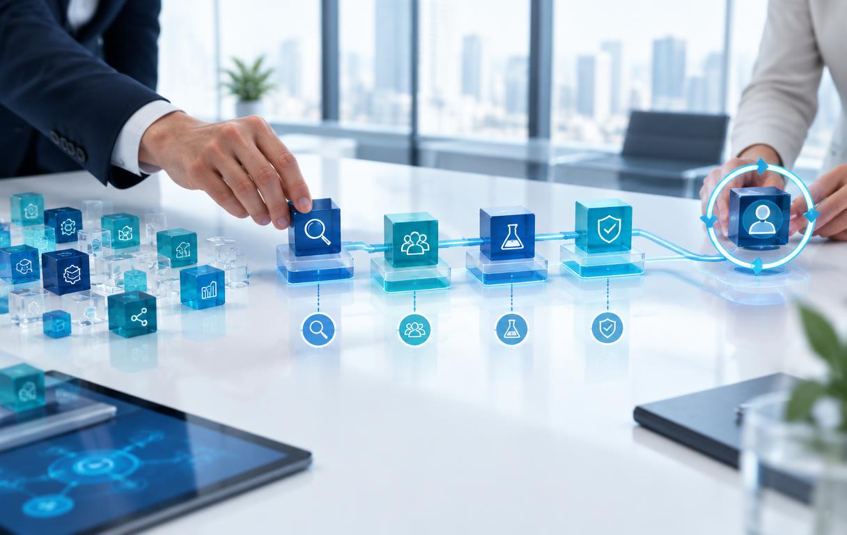 Illustration of disconnected product features becoming a structured customer decision path
