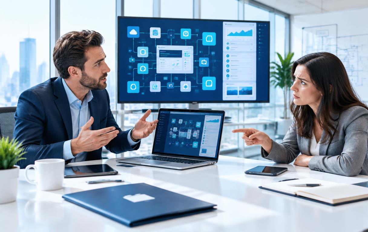 Illustration of an unconvinced buyer during a detailed feature-led technical demonstration