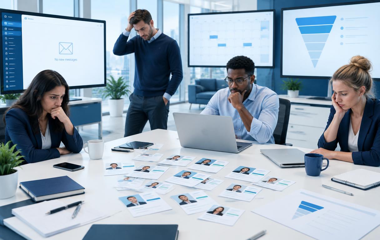 Illustration of a sales team facing empty lead inboxes and too few booked meetings
